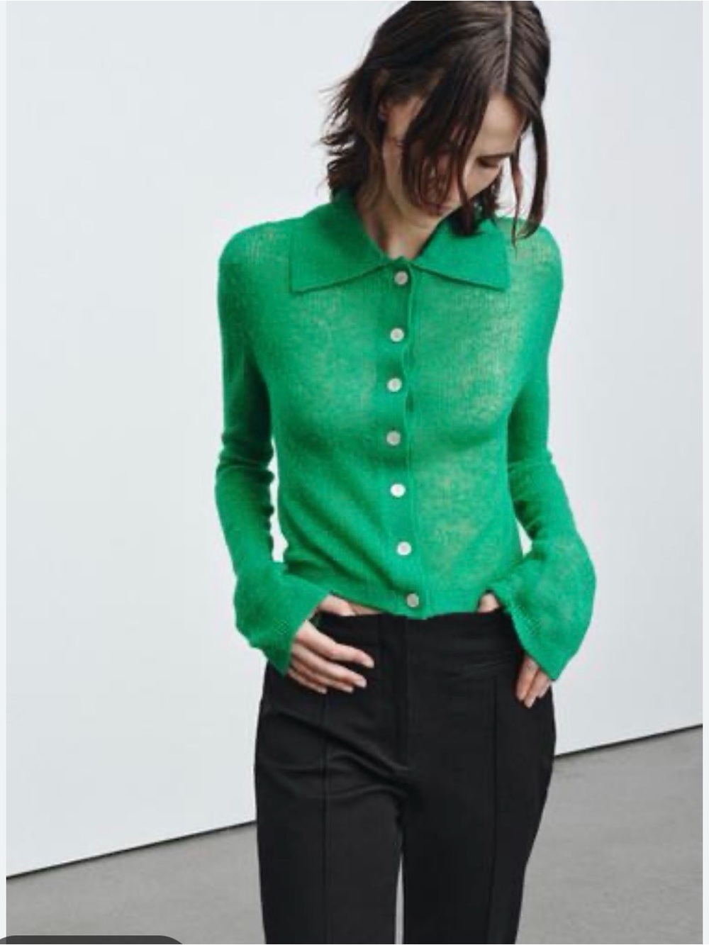 Zara polo collar cardigan in vibrant green with a front button closure small